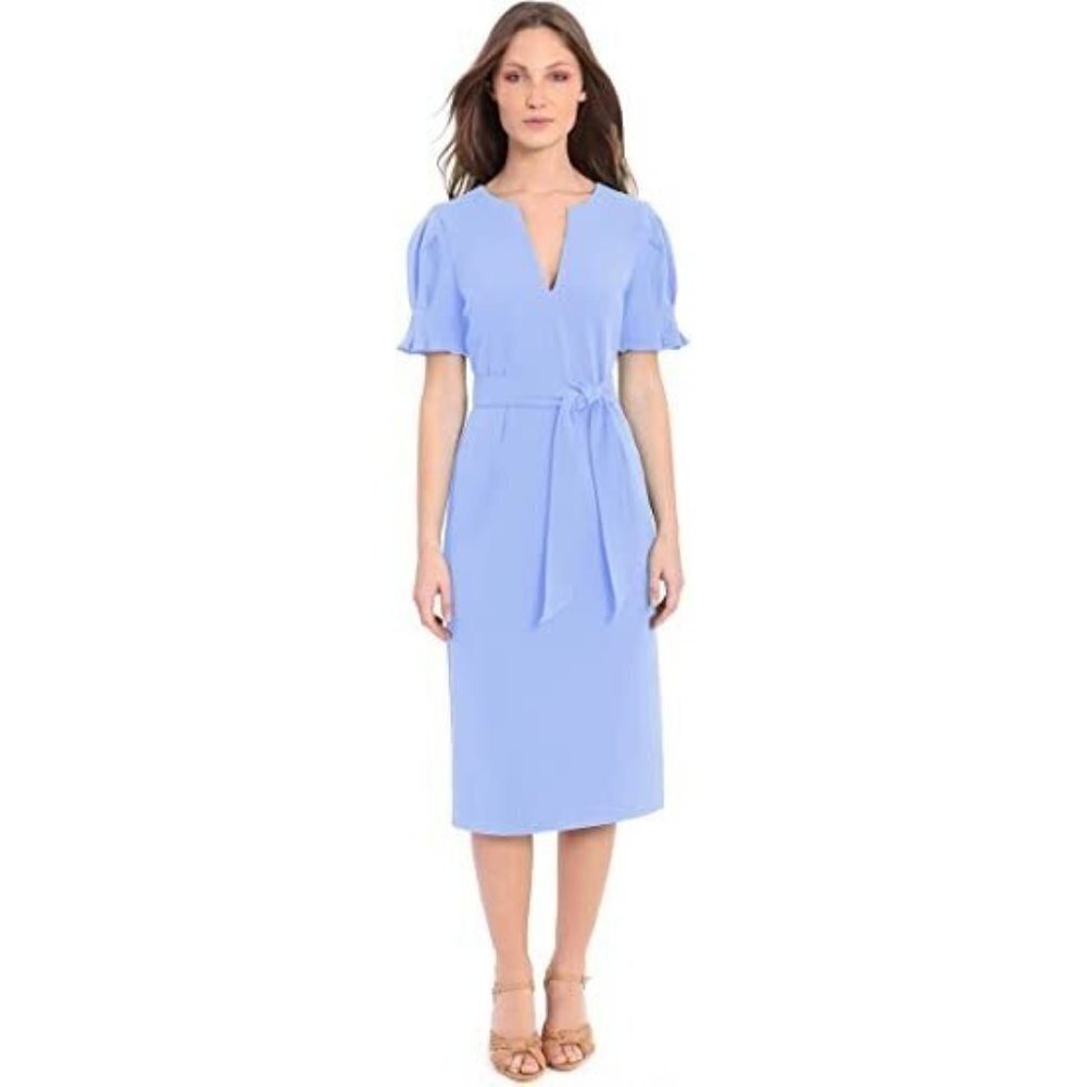 Donna Morgan Puff Sleeve Tie Waist Midi Sheath Dress Easter Egg Blue Size 2 Nwt